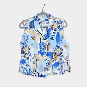 NICOLE MILLER New York Blouse Large Multicolor 100% Linen Floral GUC